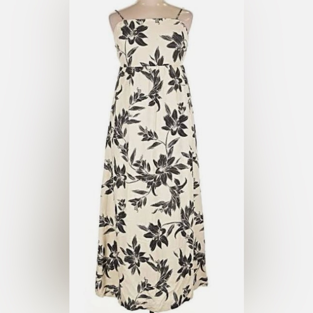 Monteau L.A.Cream Black Floral Linen Blend Maxi Dress Small Smocking Vaca Beach